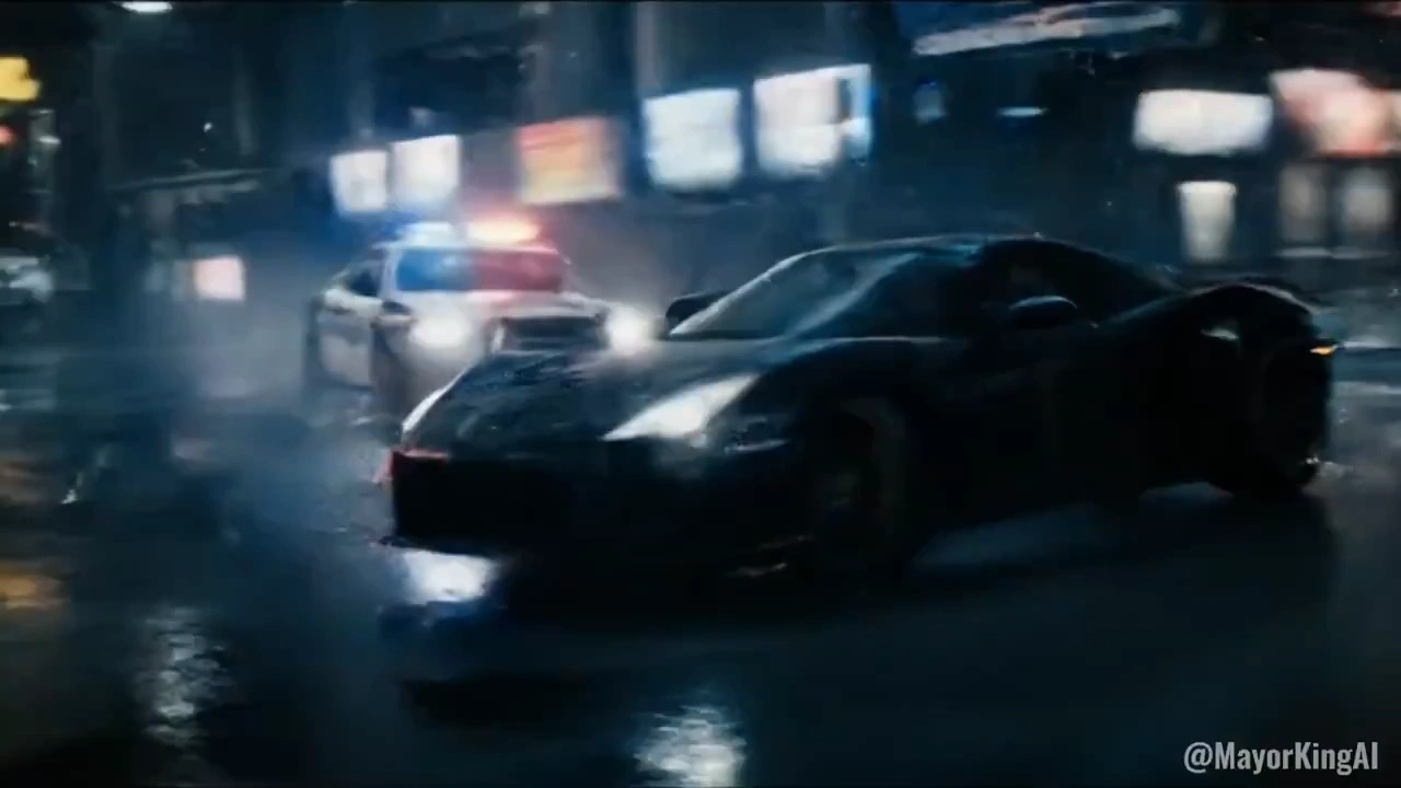Black car drifts through wet city streets